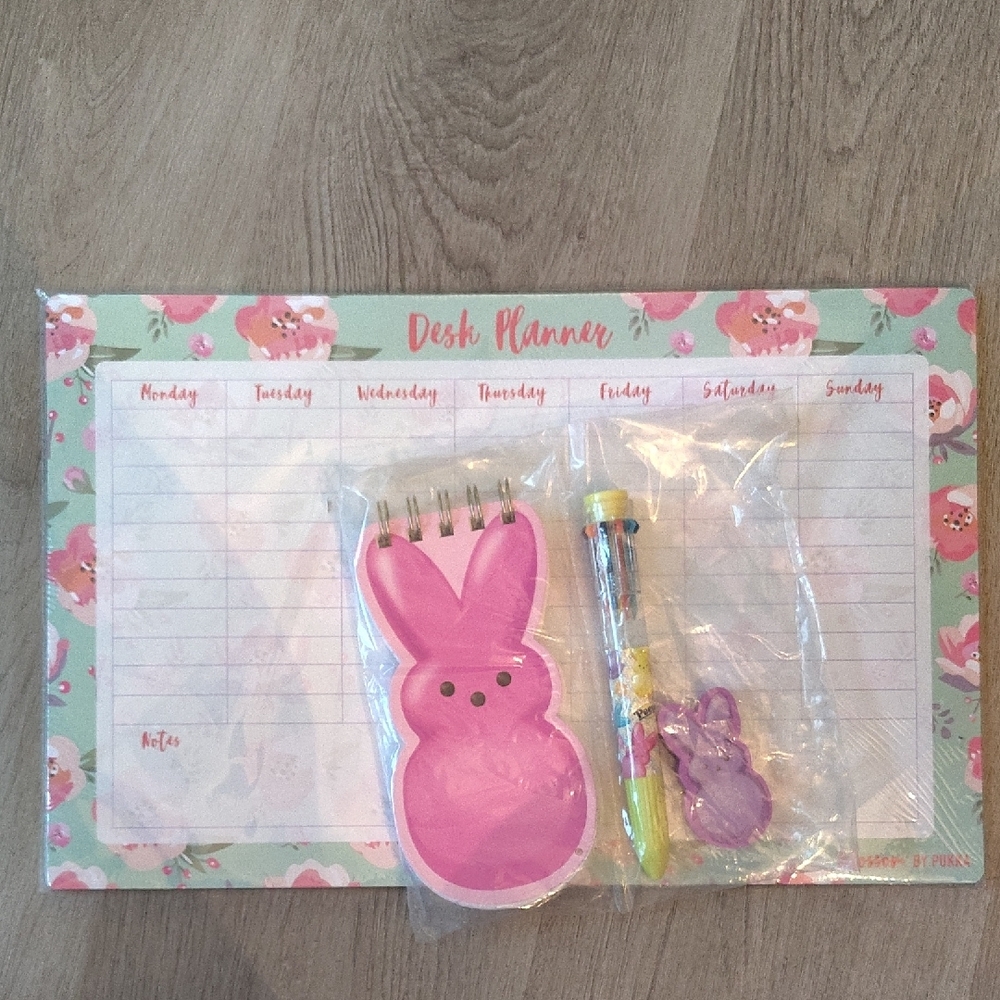 🆕4PC Desk Planner, PEEPS Bunny Notepad, Pen, Eraser Set NIP